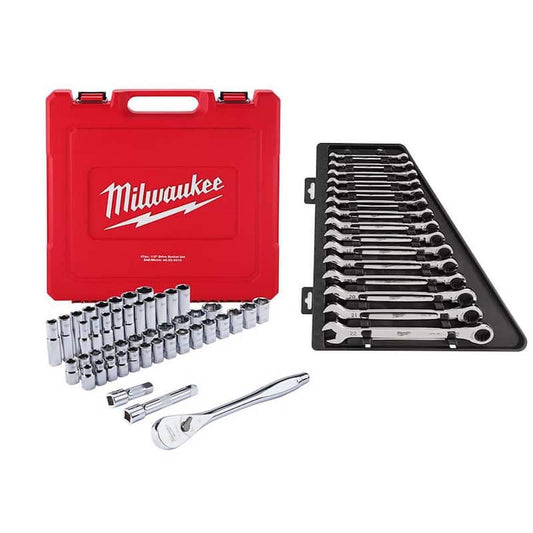 1/2 in. Drive SAE/Metric Ratchet and Socket Mechanics Tool Set W/ Metric Combination Ratcheting Wrench Set (62-Piece)