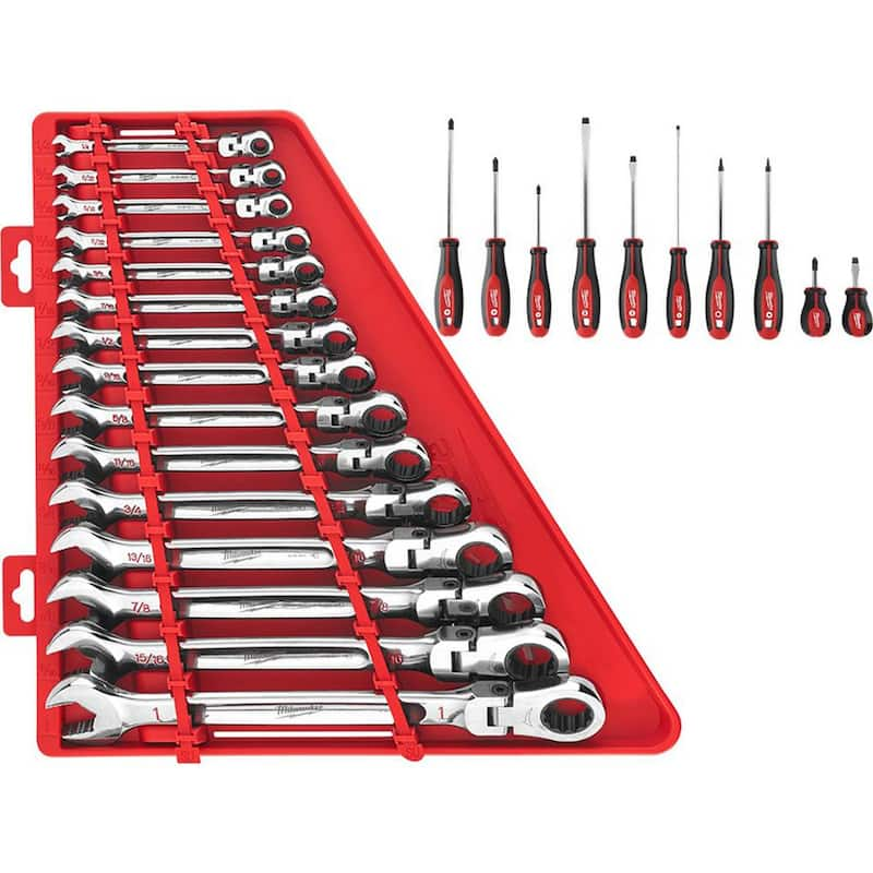 144-Position Flex-Head Ratcheting Combination Wrench Set SAE with Screwdriver Set (25-Piece)