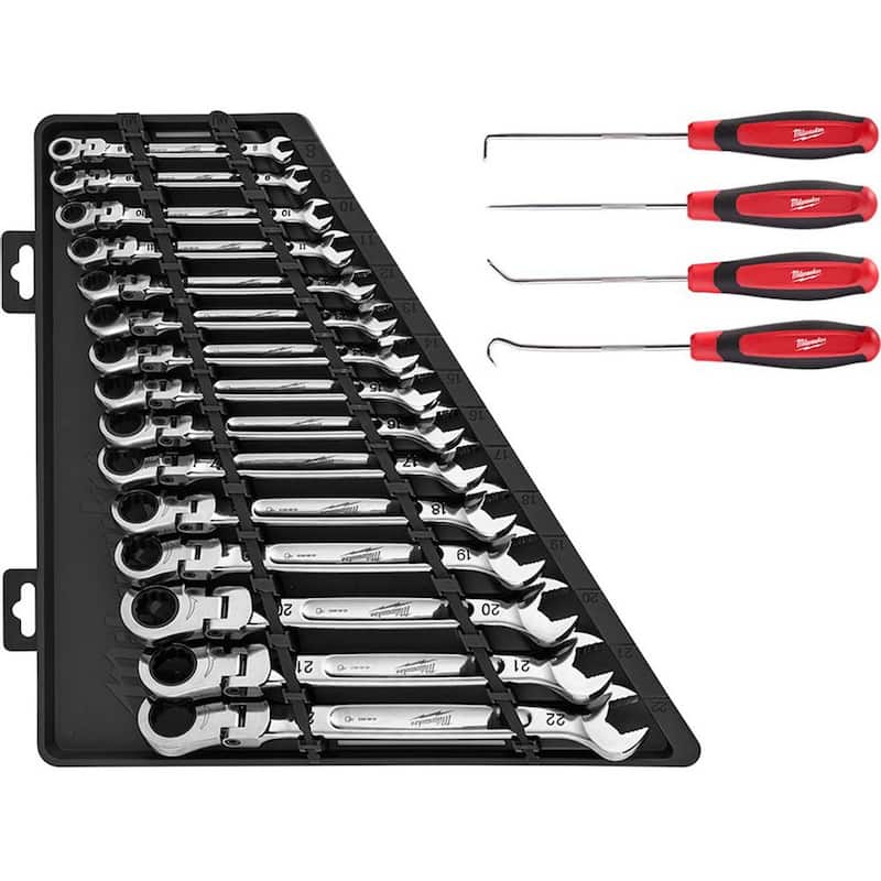 144-Position Flex-Head Ratcheting Combination Wrench Set Metric with Hook and Pick Set (19-Piece)