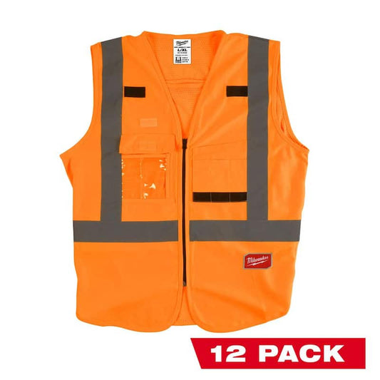 2X-Large /3X-Large Orange Class 2-High Visibility Safety Vest with 10 Pockets (12-Pack)