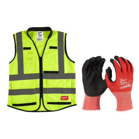 Premium Small/Medium Yellow Class 2 High Vis Safety Vest and Medium Red Nitrile Level 1 Cut Resistant Dipped Work Gloves