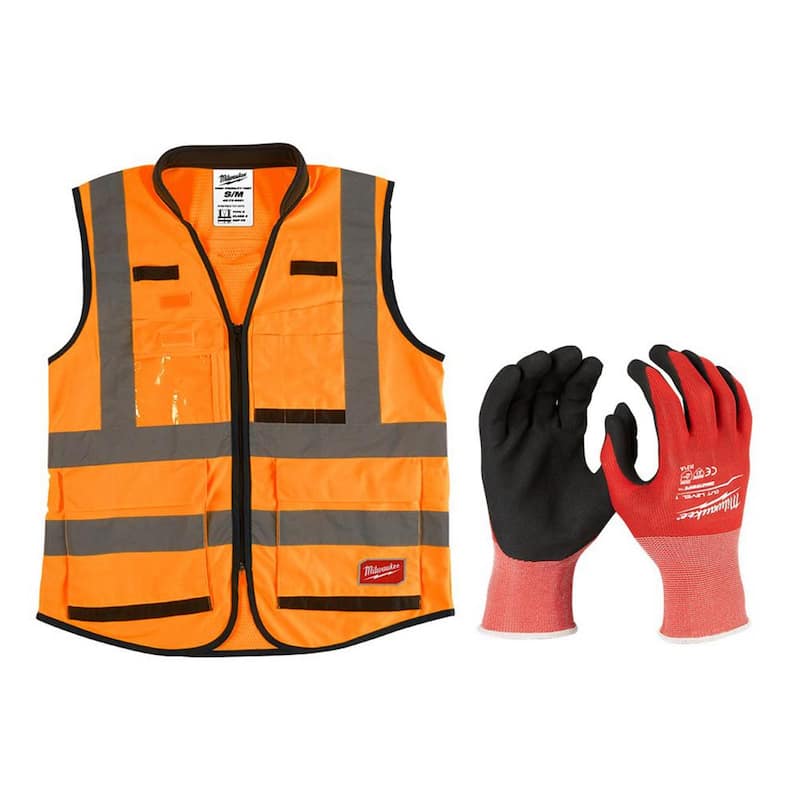 Premium Small/Medium Orange Class 2-High Vis Safety Vest and Small Red Nitrile Level 1 Cut Resistant Dipped Work Gloves