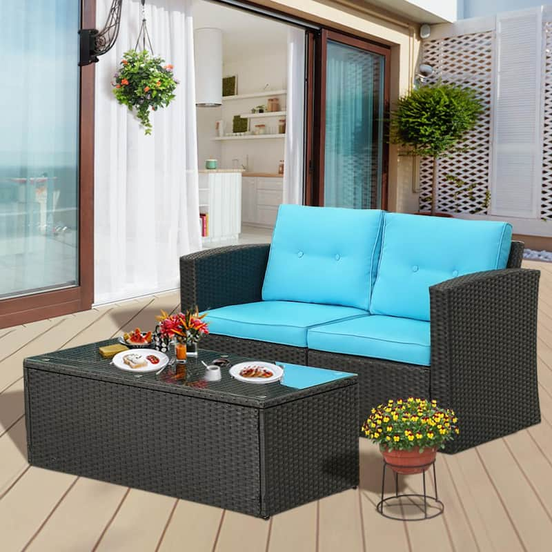 3 Pieces Outdoor Rattan Sectional Sofa Patio Wicker Furniture Sets?with Coffee Table and Blue Cushions