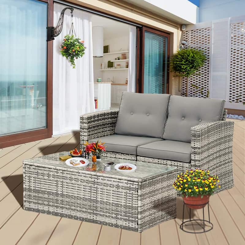 3 Pieces Outdoor Rattan Sectional Sofa Patio Wicker Furniture Sets?with Coffee Table and Gray Cushions