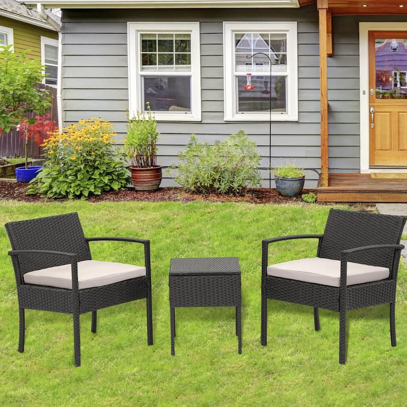 3-Pieces Rattan Wicker Patio Conversation?Set with Grey Cushions