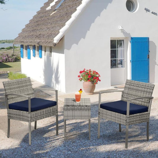 3-Piece Rattan Wicker Patio Conversation?Set Outdoor Table and Chairs with Blue Cushions