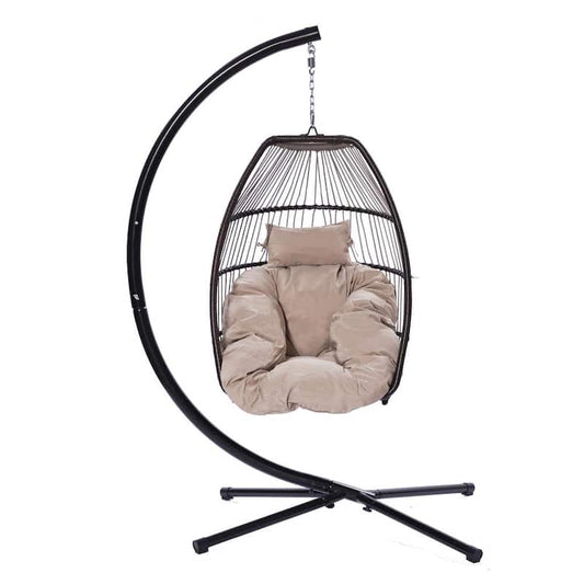 Pro 6.5 ft.Outdoor Patio Wicker Folding Hanging Chair, Rattan Swing Hammock Egg Chair with Cushion and Pillow in Brown