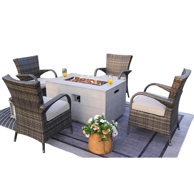 Tilia 5-Pieces Rock and Fiberglass Fire Pit Table with 4 Wicker Chairs with Gray Cushions