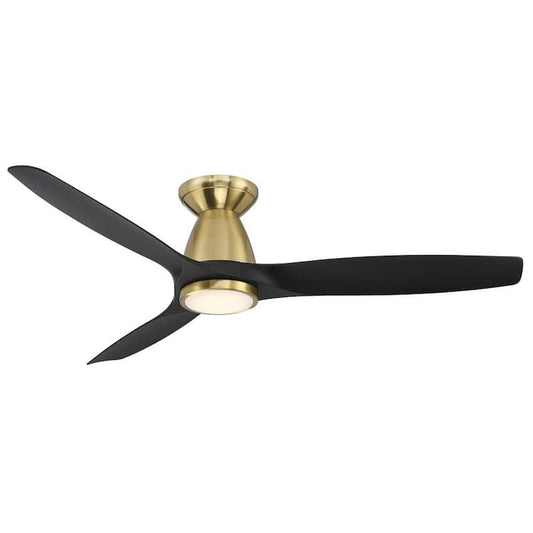 Skylark 54 in. 3-Blade Smart Flush Mount Satin Brass Black Ceiling Fan 3000K and Remote Control