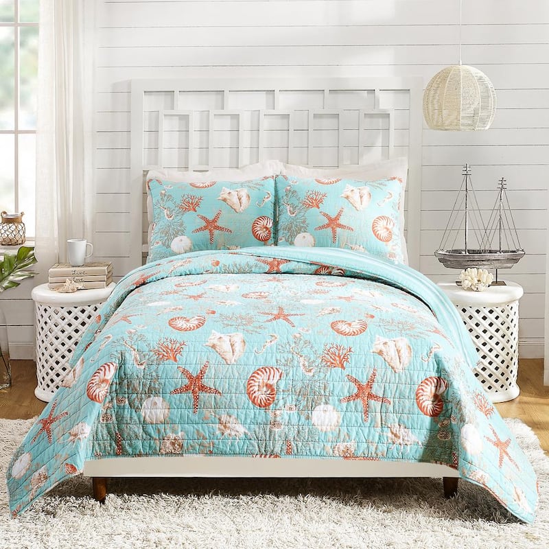 Starfish and Shells Full Queen Cotton Quilt Set 3-Piece