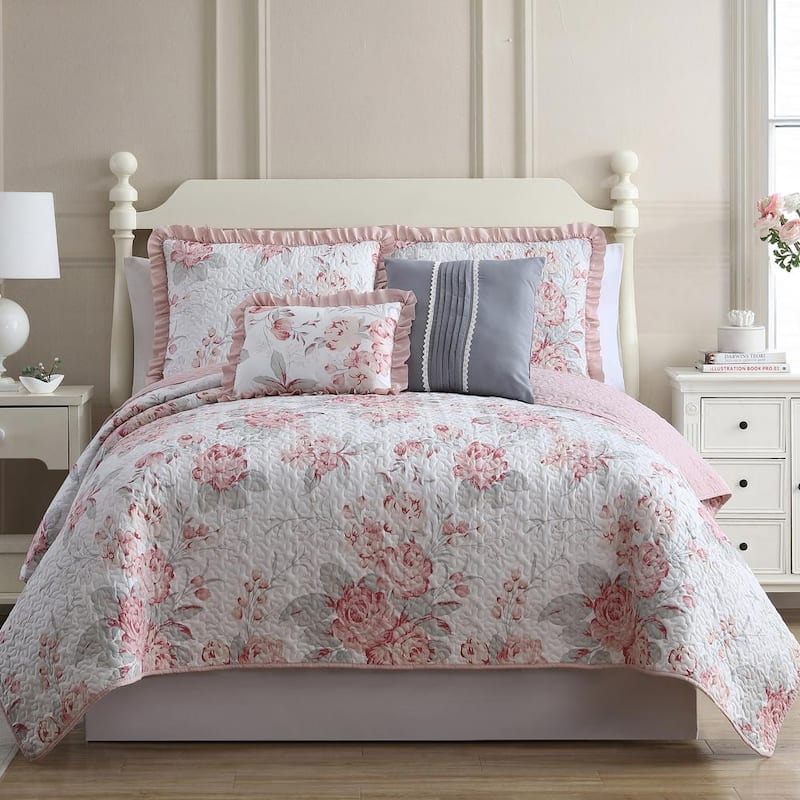 4-Piece Multi-Colored Printed Reversible Floral Farmhouse Twin Microfiber Quilt Set