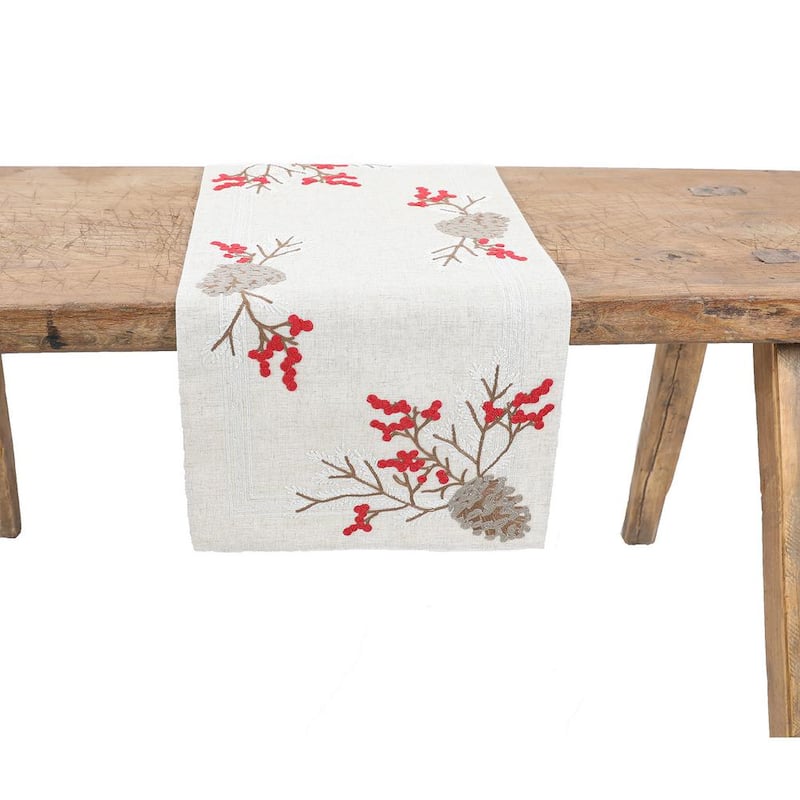 15 in. x 90 in. Christmas Pine Cone Crewel Embroidered Table Runner, Natural