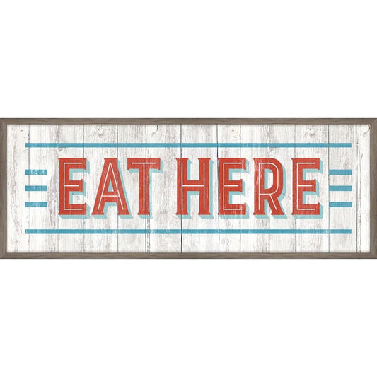 Vintage Eat Here Sign (Large) Framed Giclee Typography Art Print 42 in. x 16 in.