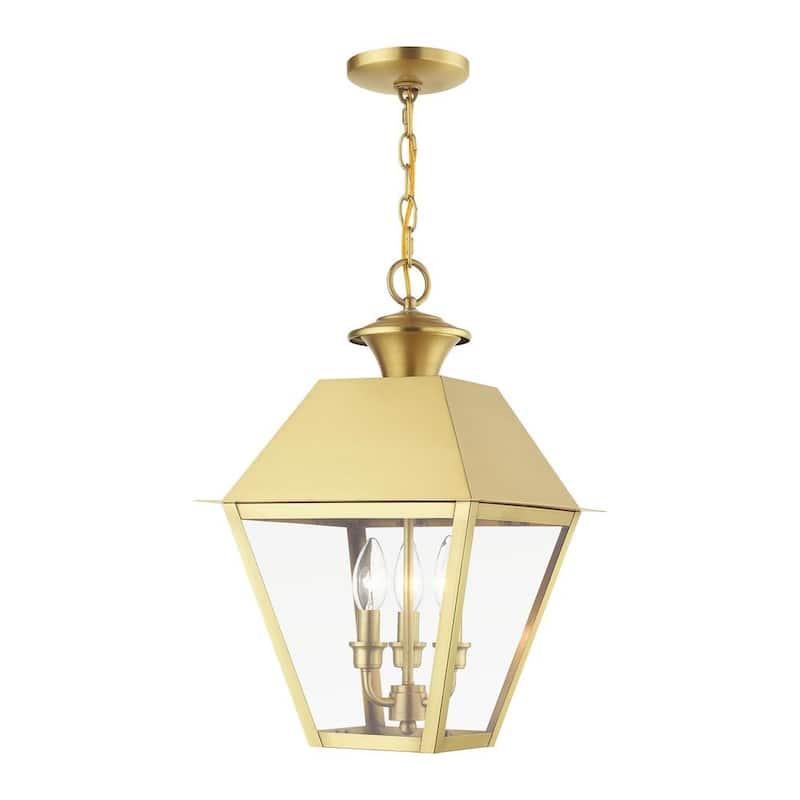 Wentworth 3-Light Natural Brass Outdoor Pendant Lantern with Clear Glass