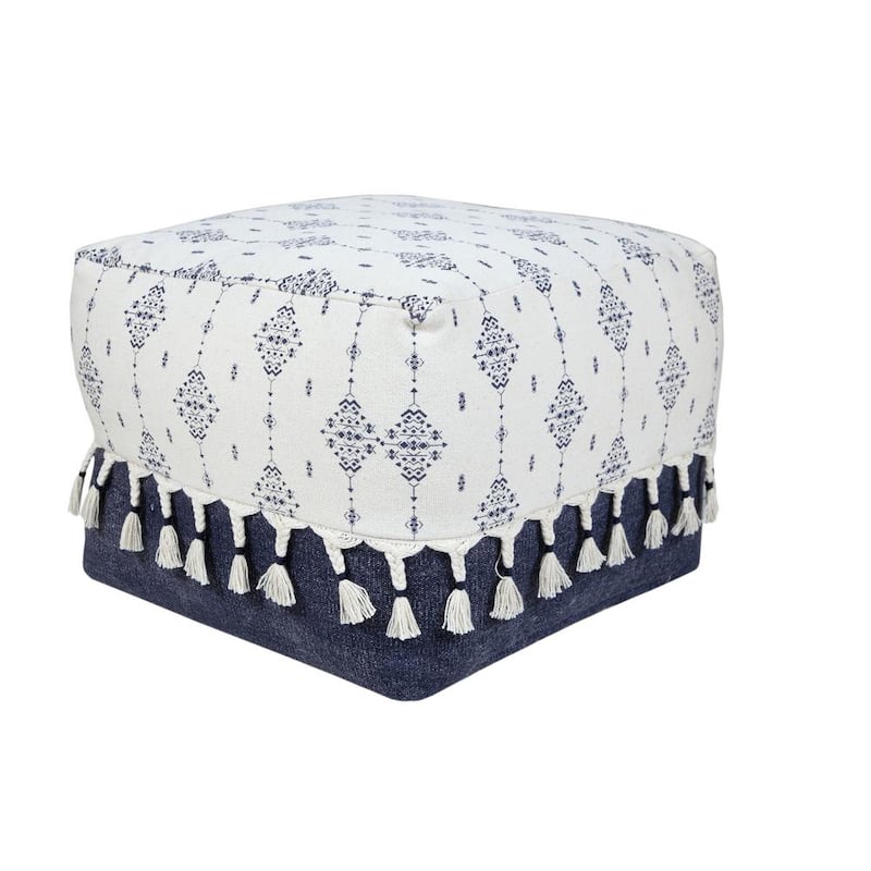 Scandinavian Navy Blue / Ivory Ornamental Motif Pouf Ottoman