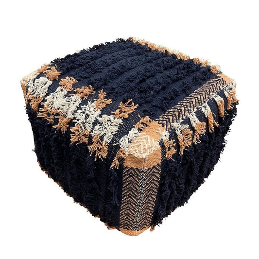 Shabby Chic Navy Blue / Peach 18x 14Square Rustic Textured Cotton Pouf