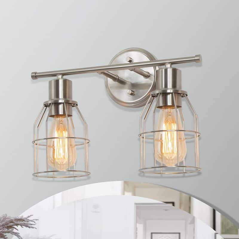 14.5 in. Modern Industrial Vanity Light 2-Light Nickel Cage Linear Powder Room Bathroom Wall Sconce