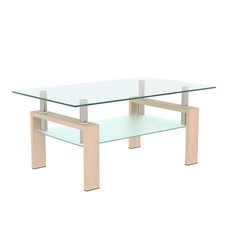 39.37 in. Oak Rectangle Glass Coffee Table with Storage