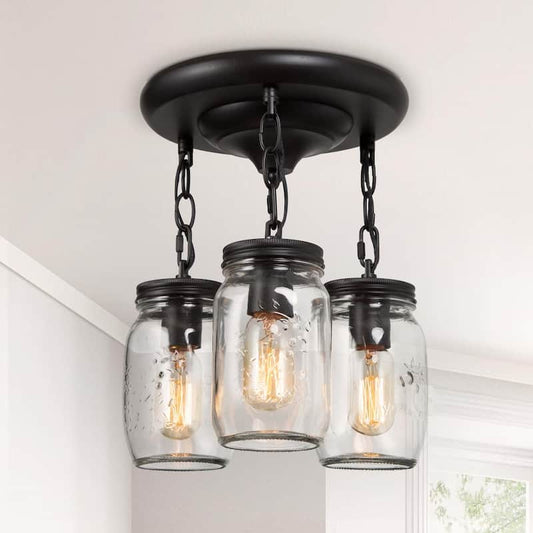 3-Light Modern Farmhouse Semi-Flush Mount Oil-Rubbed Bronze Classic Mason Jar Kitchen Ceiling Light