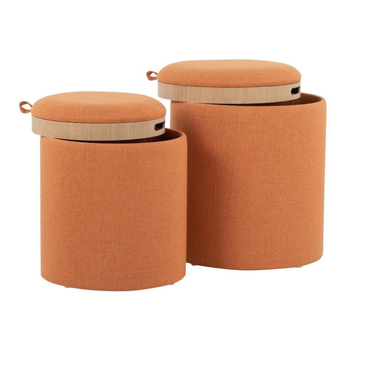 Tray Orange Fabric and Natural Wood Nesting Ottoman Set