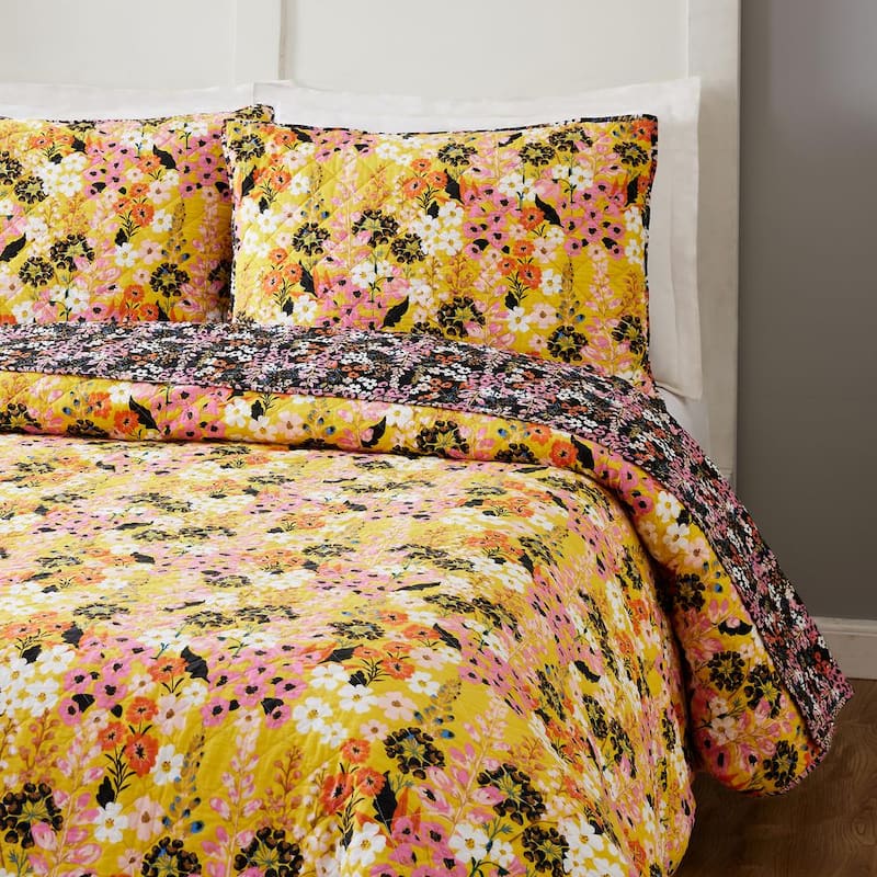 Sunny Garden 3-Piece Yellow King Cotton Quilt Set