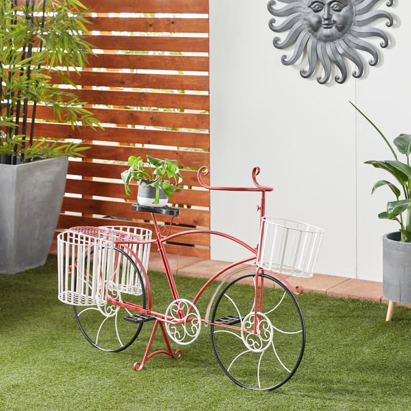 33 in. Red Metal Bike Indoor Outdoor Plantstand with Basket and Saddle Bag Planters