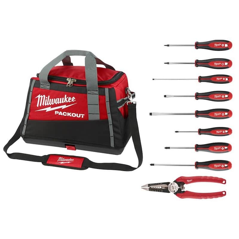 20 in. PACKOUT Tool Bag with 6-in-1 Wire Strippers Pliers and Screwdriver Set (10-Piece)