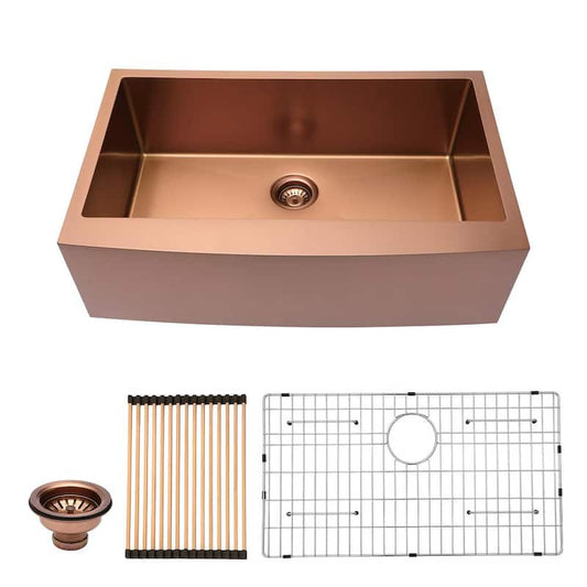 Rose Gold Stainless Steel 36 in. Single Bowl Farmhouse Apron Kitchen Sink with Bottom Grid and Strainer