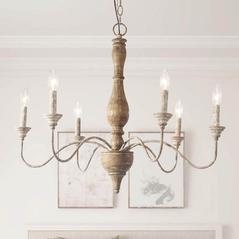 Wood Candlestick Chandelier 6-Light Distressed White Island Farmhouse Chandelier Rustic Pendant for Foyer with Open Arms