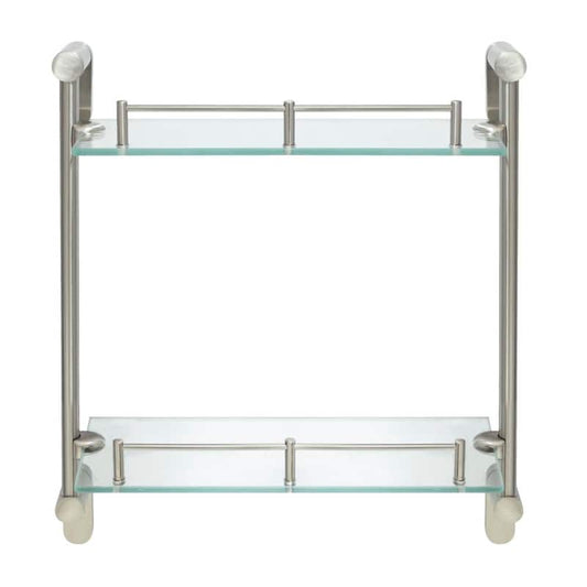 Oval 14.75 in. W Double Glass Wall Shelf with Pre-Installed Rails in Satin Nickel