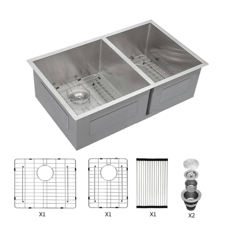 Silver 18-Gauge Stainless Steel 33 in. Double Bowl 6/4 Undermount Kitchen Sink