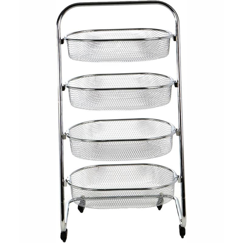 4 Tier Metal 4-Wheeled All-Purpose Basket Cart in Silver