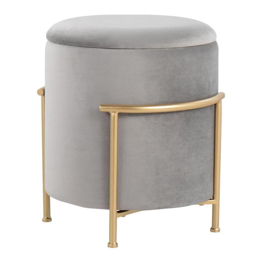 Rhonda Silver Velvet and Gold Metal Storage Ottoman