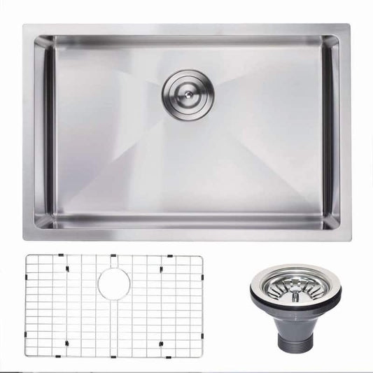 Silver 18-Gauge Stainless Steel 27 in. Single Bowl Undermount Kitchen Sink with Bottom Grid and Strainer