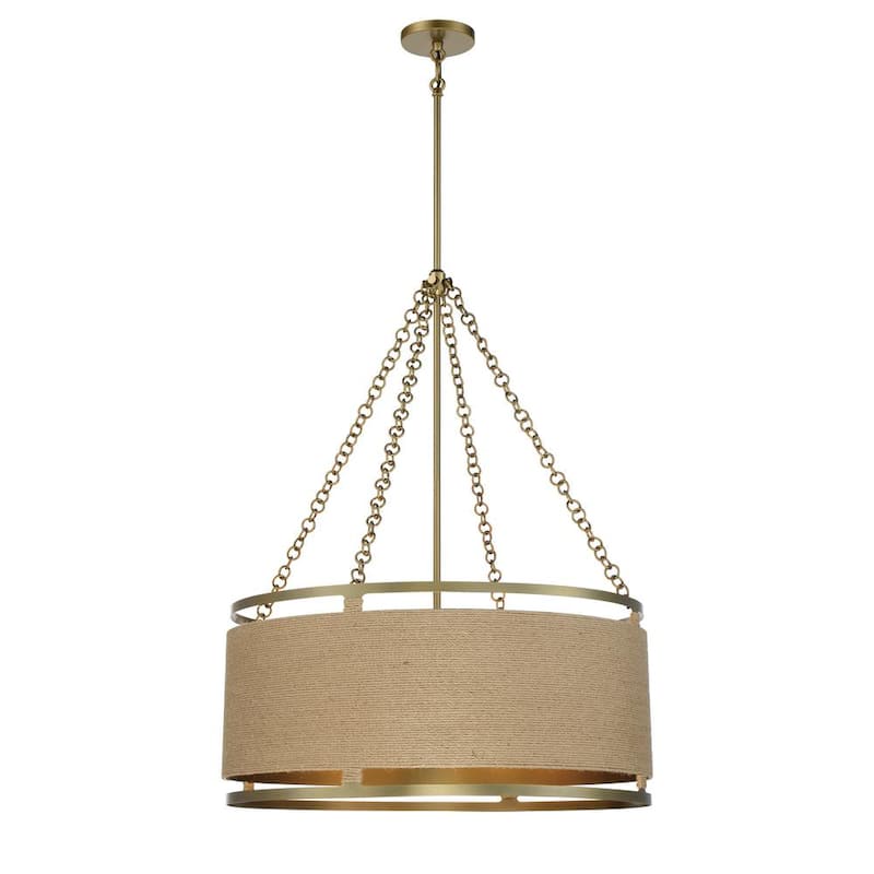 Windward Passage 6-Light Soft Brass Drum Pendant with Natural Brown Rope Shade