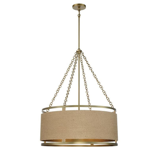 Windward Passage 6-Light Soft Brass Drum Pendant with Natural Brown Rope Shade