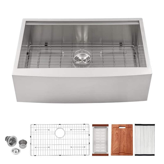 16-Gauge Stainless Steel 36 in. Single Bowl Right Angle Farmhouse Apron Workstation Kitchen Sink