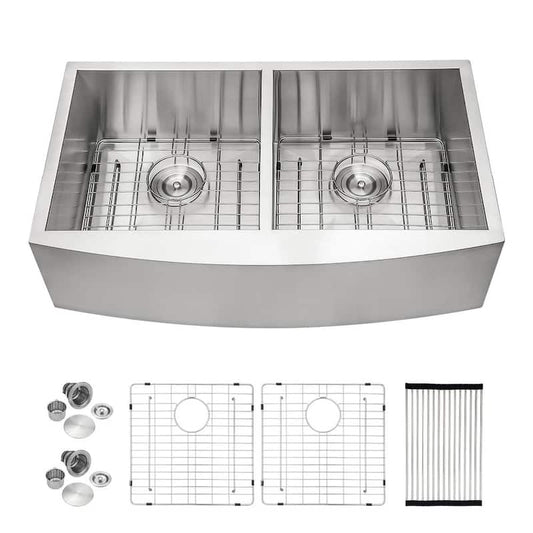 18-Gauge Stainless Steel 36 in. Double Bowl 50/50 Farmhouse Apron Kitchen Sink with Right Angle