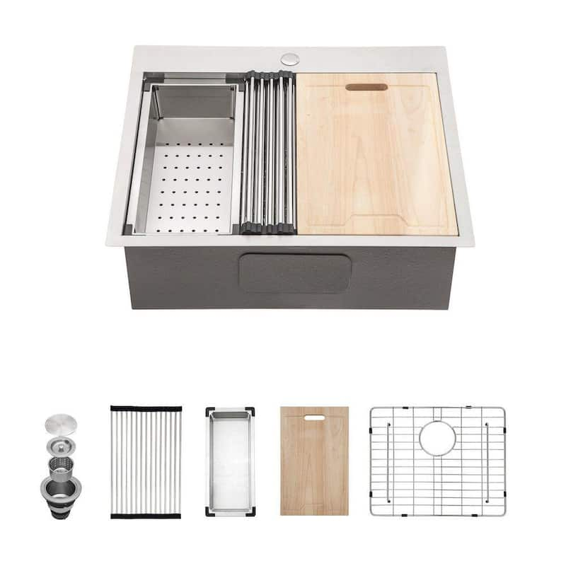 Stainless Steel 18-Gauge 25 in. Single Bowl Drop-In Workstation Kitchen Sink with Bottom Grid