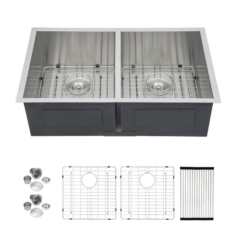 18-Gauge Stainless Steel 32 in. Double Bowl Undermount Kitchen Sink with Bottom Grid and Drainer