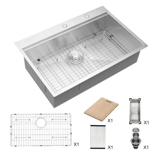 18-Gauge Stainless Steel 33 in. Single Bowl Drop-In Workstation Kitchen Sink