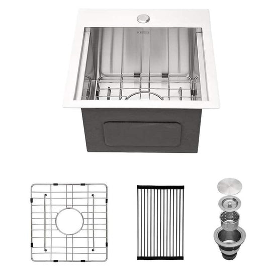 15 in. x 15 in. 18-Gauge Stainless Steel Single Bowl Drop-In Topmount Workstation Kitchen Sink with Bottom Grid