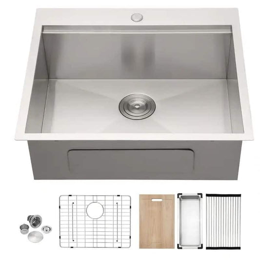 25 in. x 22 in. 18-Gauge Stainless Steel Single Bowl Right Angle Topmount Drop-In Workstation Kitchen Sink