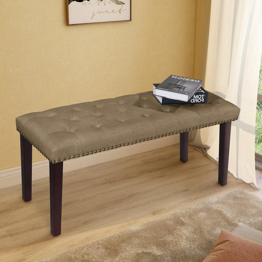 38 in. W x 14 in. D x 17.3 in. H Tan Fabric Upholstered Bench with Nailhead Trim and Solid Wood Legs