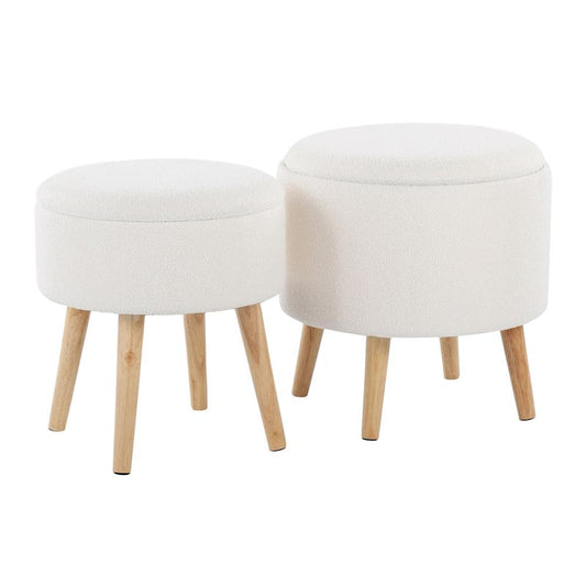 Tray Storage Textured Cream Fabric and Natural Wood Ottoman with Matching Stool