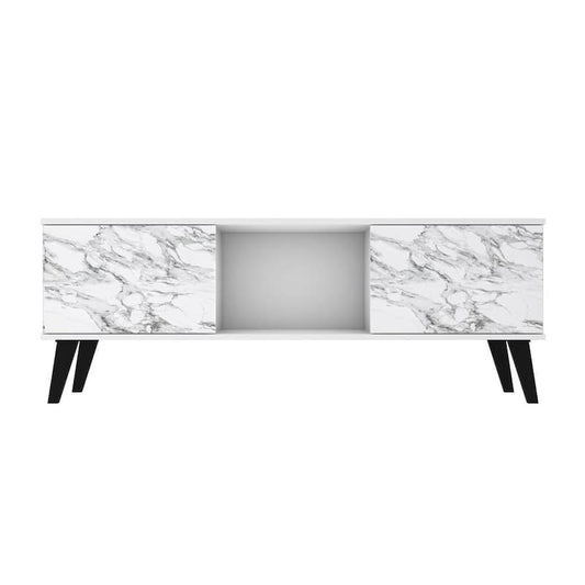 Saratoga 53 in. White and Marble Stamp Particle Board TV Stand Fits TVs Up to 50 in. with Storage Doors