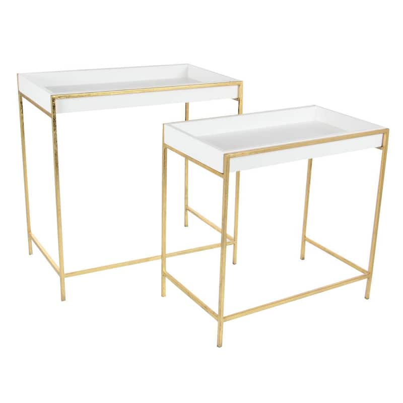 22 in. White Large Rectangle Wood Nesting Geometric Console Table with Gold Metal Legs (2- Pieces)