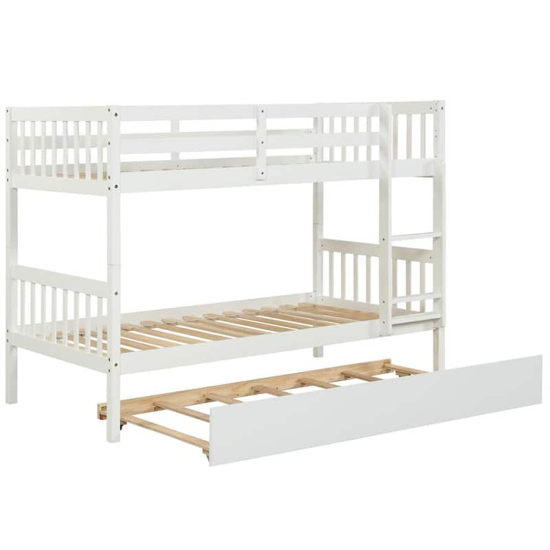 Peder White Twin Solid Wood Over Full Twin Bunk Bed with Safety Rail Trundle Bed Ladder Kids/Teens Bedroom