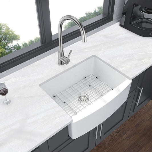 White Ceramic 24 in. Single Bowl Farmhouse Apron Kitchen Sink with Bottom Grid and Strainer