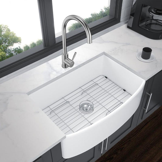 White Ceramic 30 in. Single Bowl Farmhouse Apron Kitchen Sink with Bottom Grid and Strainer